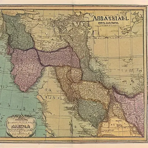 Prompt: 19th century map of the Arabic Peninsula, the middle East, Arabia, cartography, 1800s, color, history