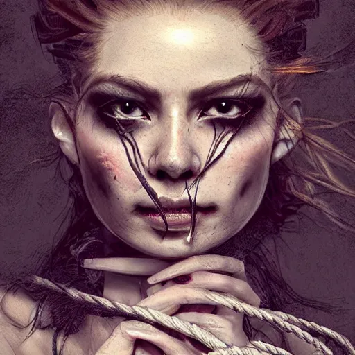 Image similar to portrait of a Shibari rope wrapped face and neck, headshot, insanely nice professional hair style, dramatic hair color, smoke in hair, digital painting, of a old 13th century, traveler, amber jewels, baroque, ornate clothing, scifi, realistic, hyperdetailed, chiaroscuro, concept art, art by Franz Hals and Jon Foster and Ayami Kojima and Amano and Karol Bak,