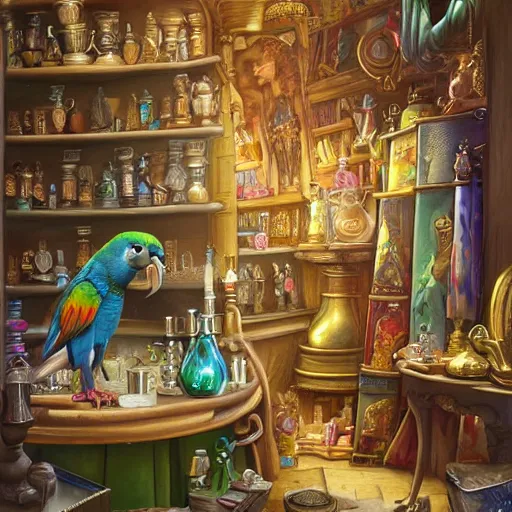 Image similar to Anthropomorphized parrot trader in his shop, shelves full, selling a gem, portrait, items, magic potions, carpet, window, intricate Renaissance hat, sly expression , cunning expression, cute expression, presenting magic gem, D&D, fantasy, cinematic lighting, highly detailed, digital painting, artstation, concept art, smooth, sharp focus, illustration, warm light, cozy warm tint, magic the gathering artwork, volumetric lighting, 8k, no gold, no gold colours, art by Akihiko Yoshida, Greg Rutkowski