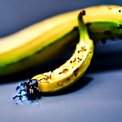 Image similar to Macro shot photo of an ant climbing a banana, studio lighting