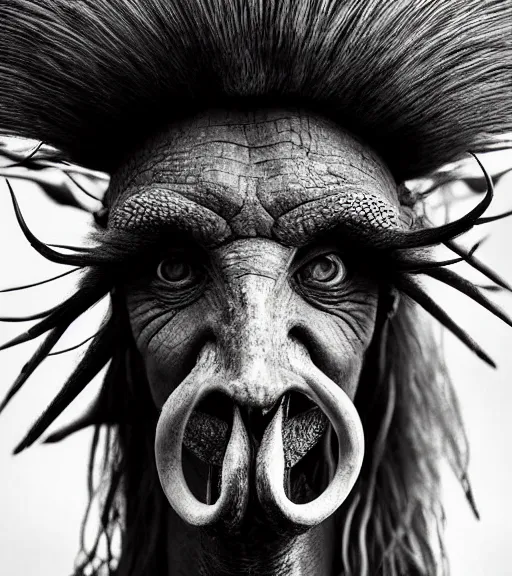 Prompt: Award winning Editorial up-angled photograph of Early-medieval Scandinavian Folk ostrich Baring its teeth with incredible hair and fierce hyper-detailed eyes by Lee Jeffries and David Bailey, 85mm ND 4, perfect lighting, smoke and embers, dramatic framing, wearing traditional garb, With huge sharp jagged Tusks and sharp horns, gelatin silver process