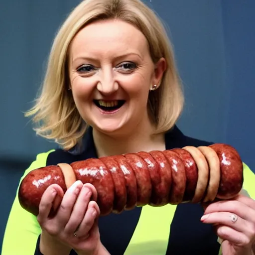 Image similar to liz truss wrapped in sausages