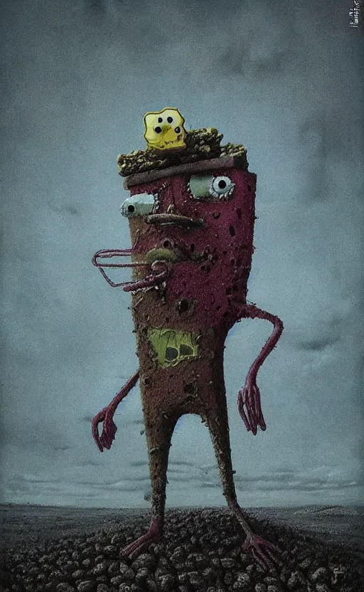 Image similar to spongebob squarepants in style of zdzisław beksinski, standing in wasteland, horror art, creepy, desolate, spongebob, spongebob, spongebob, spongebob