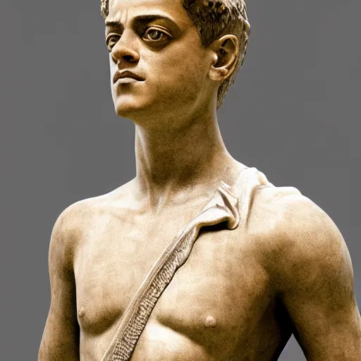 Image similar to rami malek as gorgeous statue of ancient roman emperor, 3 d photorealistic, high resolution render, museum photoshot, 8 k