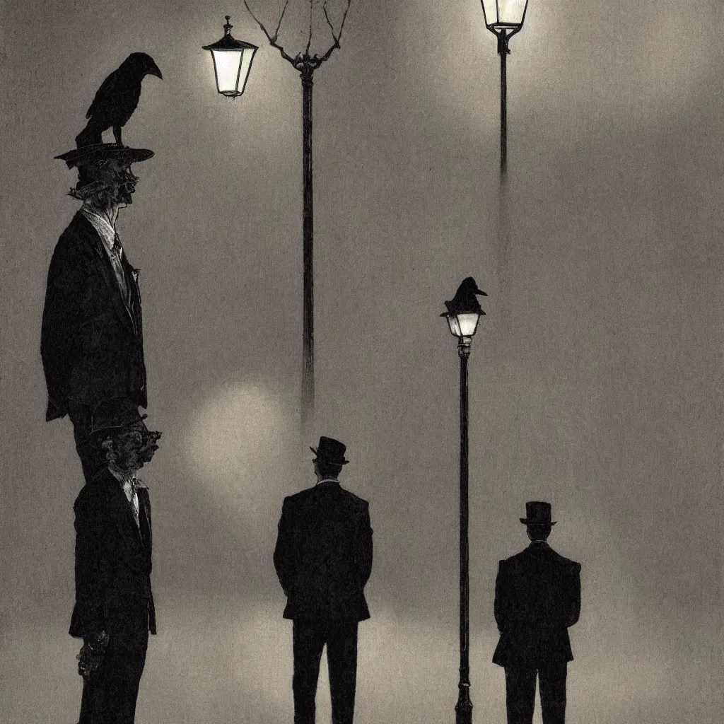 Image similar to a highly detailed portrait of a man wearing a suit and a raven mask standing in the middle of a street illuminated by a lone street lamp, by norman rockwell, cinematic lighting, detailed drawing
