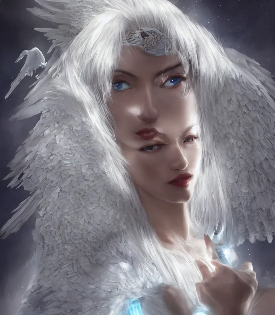 Image similar to perfect white - haired attractive egyptian goddess with large white dove wings, android body, beautiful, symmetric, dreamy, pretty face, blue eyes, detailed, scifi platform, laboratory, experiment, 4 k, ultra realistic, epic lighting, illuminated, cinematic, masterpiece, art by akihito tsukushi, voidstar