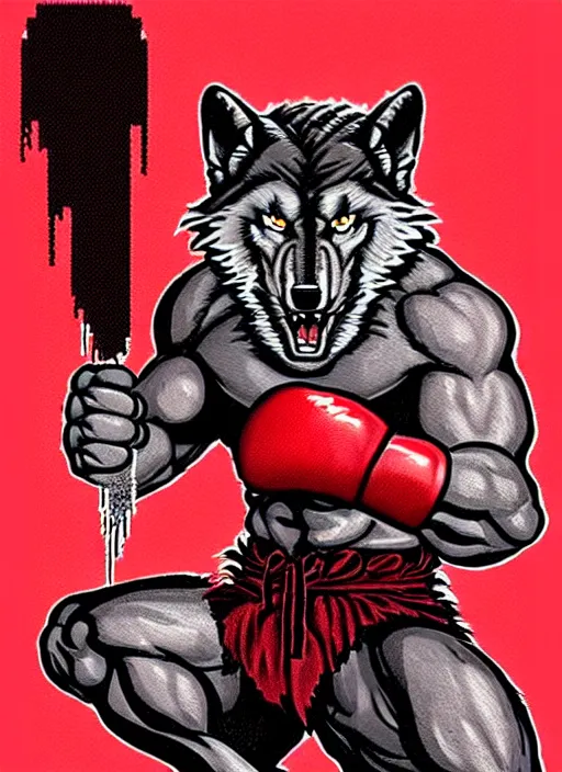 Image similar to extreme long shot. 8 bit nes graphics. antropomorphic muscular masculine wolf. kickboxer fighter, in shorts. wolf head. angry. fine details, very sharp, art from nes game cartridge, 8 0's, vhs artefacts, vaporwave style, marc simonetti and hermann nitsch and anish kapoor.