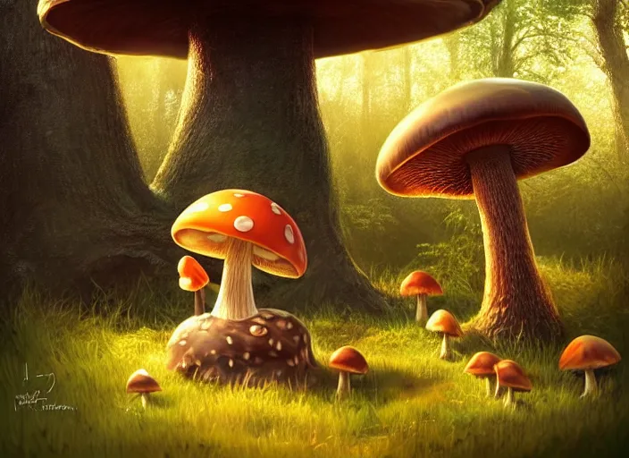 Prompt: a cute creature sitting next to a mushroom, golden hour, fantasy, sharp focus, digital art, hyper realistic, 4 k, unreal engine, highly detailed, hd, dramatic lighting by brom, trending on artstation, new cats movie