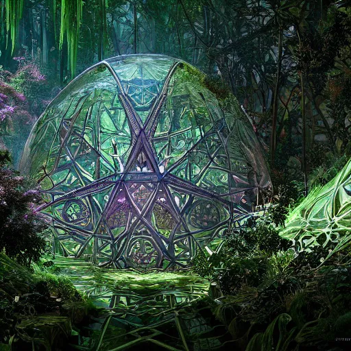 Image similar to sacred geometry overgrown cryengine render by android jones, syd mead, and john stephens