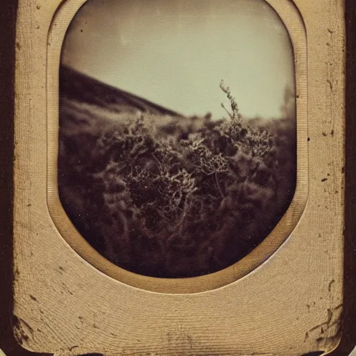 Image similar to daguerreotype polaroid photo of an sea monster in the heather on the north yorkshire moors