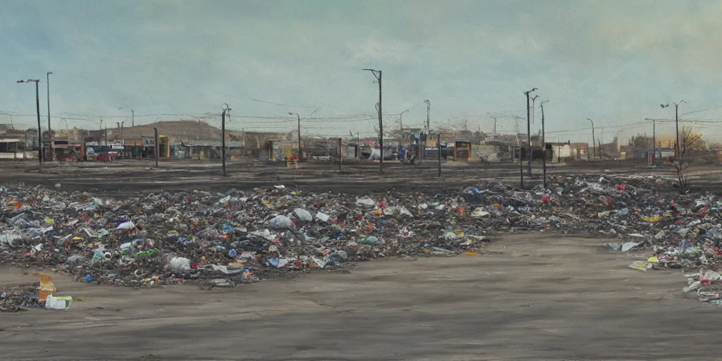 Image similar to Landscape of abandoned strip malls and desolate shopping malls, mounds of garbage in the distance, detailed oil painting, hyperrealistic, hazy mid day