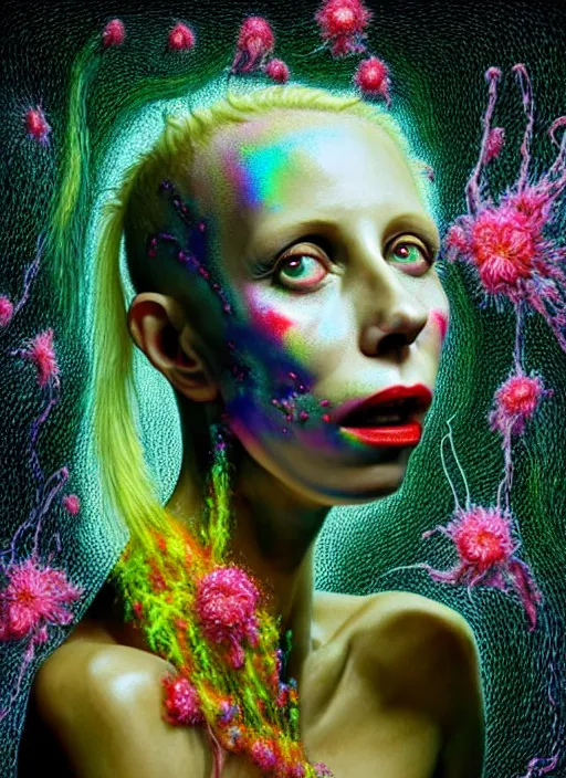 Image similar to hyper detailed 3d render like a Oil painting - Yolandi Visser seen Eating of the Strangling network of yellowcake aerochrome and milky Fruit and Her delicate Hands hold of gossamer polyp blossoms bring iridescent fungal flowers whose spores black the foolish stars by Jacek Yerka, Mariusz Lewandowski, Houdini algorithmic generative render, Abstract brush strokes, Masterpiece, Edward Hopper and James Gilleard, Zdzislaw Beksinski, Mark Ryden, Wolfgang Lettl, hints of Yayoi Kasuma, octane render, 8k