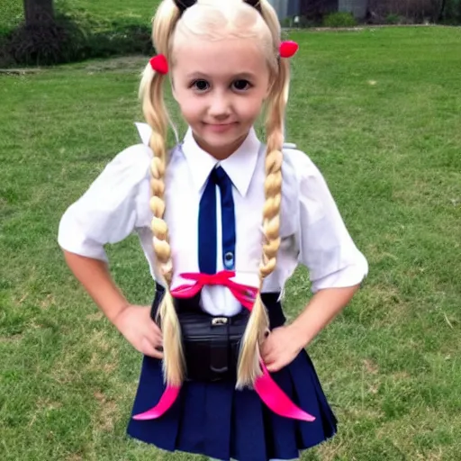 Prompt: beautiful girl, blonde hair in pigtails, with ribbons, schoolgirl uniform with tie, carrying a large backpack