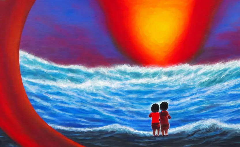 Prompt: two children hugging in the far distance as a giant tsunami approaches, sad, doomsday, end of the world, abstract art, oil painting