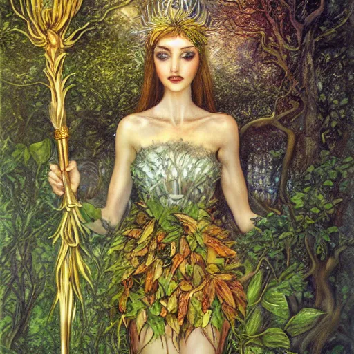 Image similar to fey queen of the summer forest, dress of leaves, fine features, holding a golden scepter, thin, young, silver shimmering hair, by brian froud, dusk scene, night colors, oil on canvas, oil panting