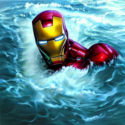 Image similar to Hyper-realistic painting of Iron man in water painted by Mike Dargas