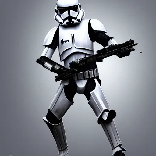 Image similar to full body shot of an imperial stormtrooper in battle position ready to shoot his blaster concept art by Doug Chiang cinematic, realistic painting, high definition, very detailed, extremely high detail, photo realistic, concept art, the Mandalorian concept art style