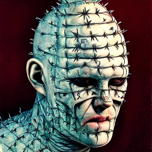 Prompt: a hyperrealistic portrait of pinhead from hellraiser by Santiago Caruso,
