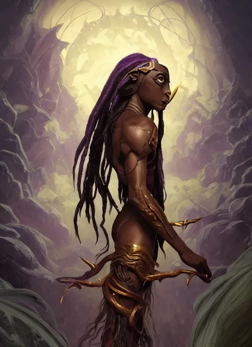 Image similar to dark skinned half elf, purple dreadlocks, god of illithid, fantasy, extremely detailed, digital painting, artstation, concept art, smooth, sharp focus, illustration, stunning lighting, art by artgerm and greg rutkowski and alphonse mucha and simon stalenhag, realistic character concept, high fantasy, light atmosphere, golden ratio, cinematic lighting, hyperdetailed, high resolution, insanely detailed and intricate, artstation, Marc Simonetti, Greg Rutkowski