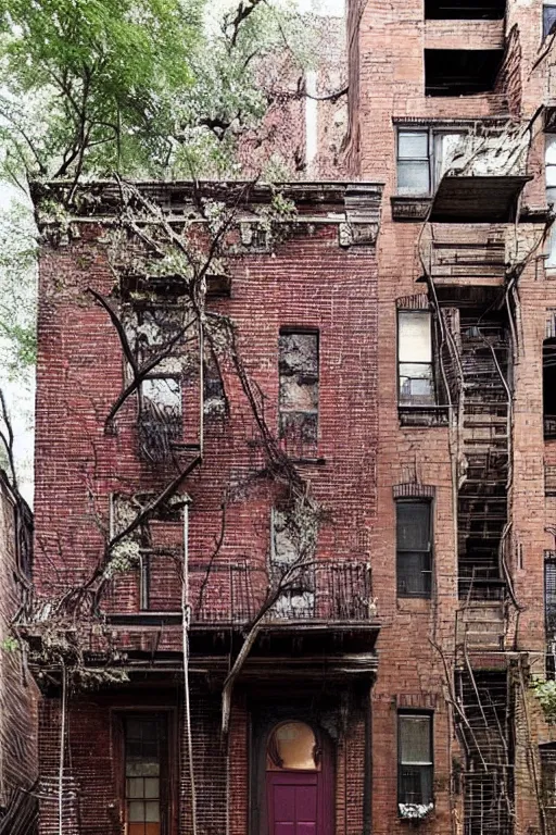 Prompt: (((((a ramshackle Manhattan brick brownstone deep in the forest))))) by Robin Tranl!!!!!!!!!!!!!!!!!!!!!!!!!!!