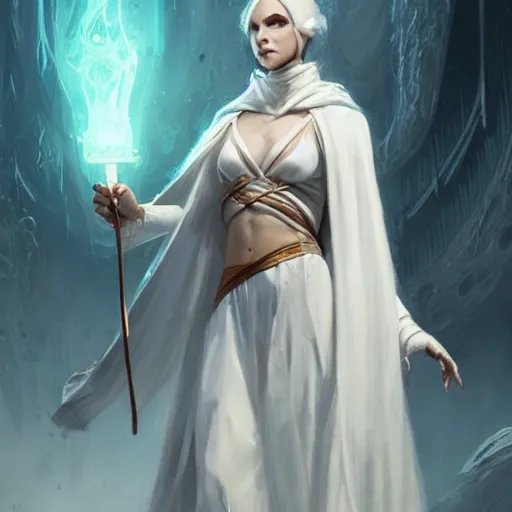 Image similar to A portrait of a female tiefling sorceress wearing a white robe, Magic the Gathering art, art by greg rutkowski, matte painting, trending on artstation, very detailed