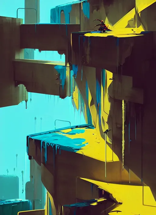 Image similar to matte painting extreme offset 3 d calligraphy graffiti mural dripping paint wall extreme maximalism by atey ghailan, by greg rutkowski, by greg tocchini, by james gilliard, by joe fenton, yellow, brown, black and cyan color scheme, octane render