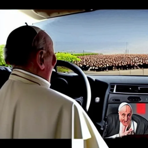 Prompt: the pope driving in the style of grand theft auto loading screens illustrations
