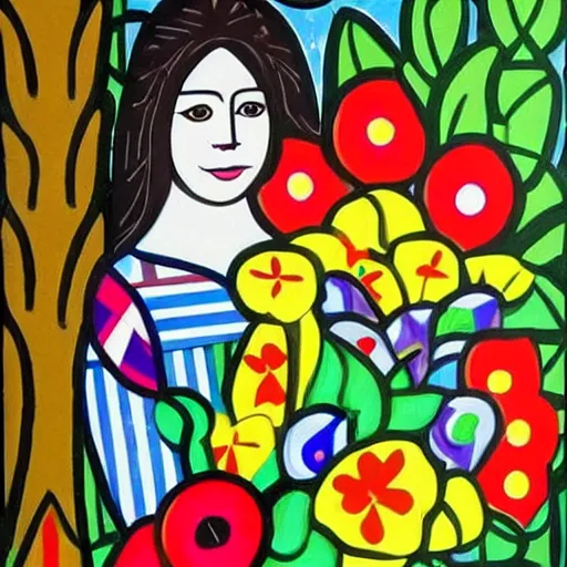 Prompt: In the painting Vasilisa can be seen standing in the forest, surrounded by animals. She is holding a basket of flowers in one hand and a spindle in the other. Her face is turned towards the viewer, with a gentle expression. In the background, the forest is depicted as a dark and mysterious place. constructivist by Romero Britto amorphous, lines