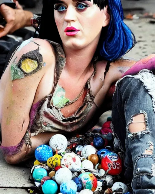 Prompt: Candid photo of homeless Katy Perry in tattered rags sitting in a pile of discarded marbles