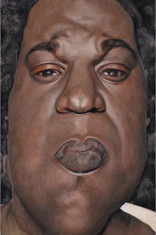 Image similar to a realistic portrait of biggie smalls in style of egon schiele, masterpiece, hyperdetailed, complex, intricate, 4 k, trending on artstation