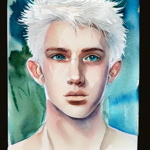 Image similar to white haired teen boy, portrait, artstation, watercolor, highly detailed, by Ross tram