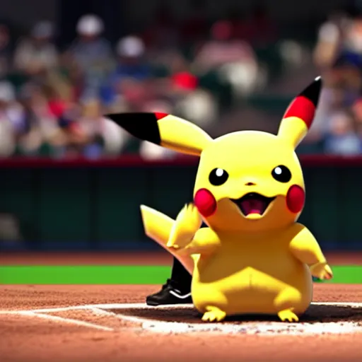 Image similar to live action shot of a baseball game with pikachu up for bat, highly detailed, extremely high quality, hd, 4 k, 8 k, canon 3 0 0 mm, professional photographer, 4 0 mp, lifelike, top - rated, award winning, realistic, detailed lighting, detailed shadows, sharp, no blur, edited, corrected, trending