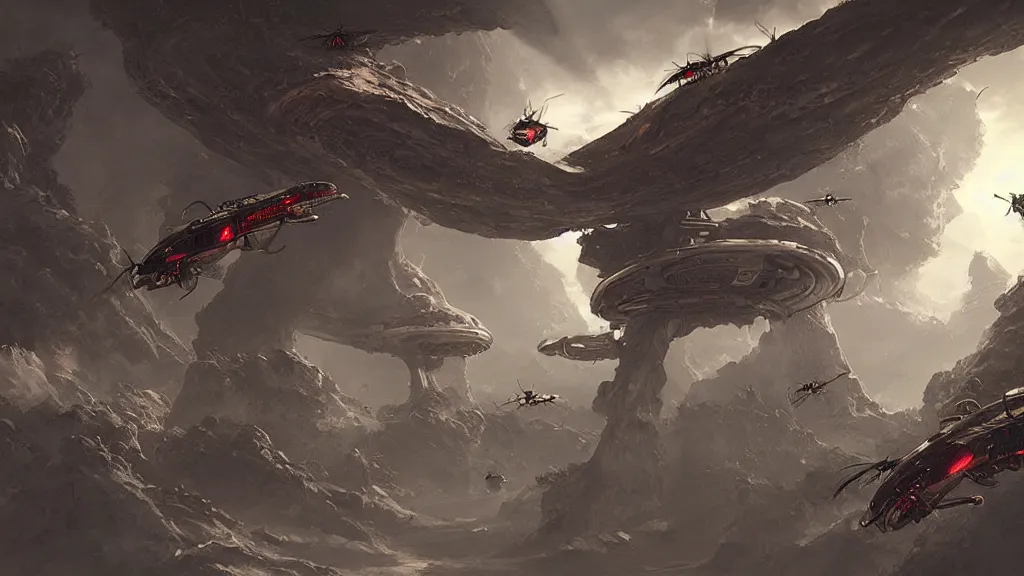 Prompt: alienspaceship with giant insectdrones flies into the ribcage cave, cgsociety,