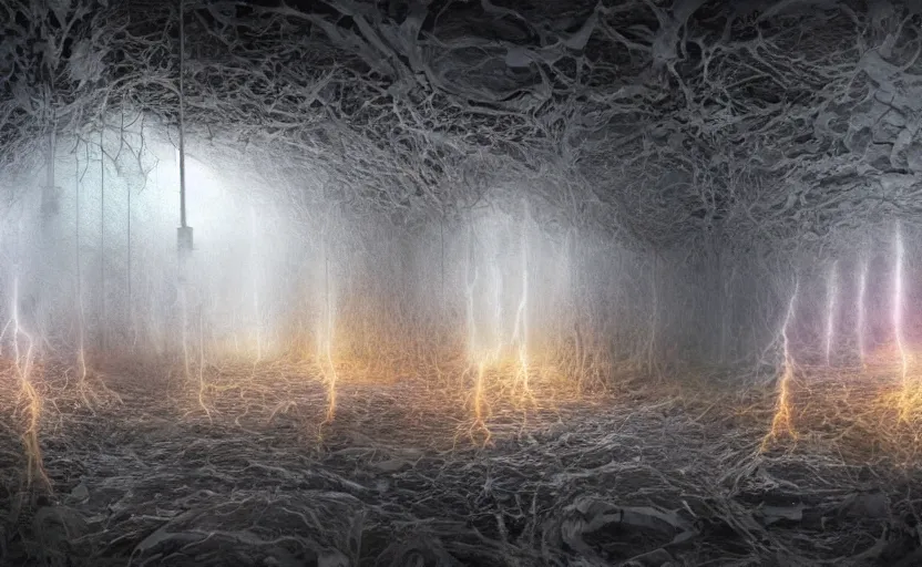 Image similar to swarm of ghostly hooded demoic souls inside decrepit cracked mausoleums in a cosmic woven lightning storm at night, by Igor Morski, by wes benscoter, by Zdzislaw Beksinski, rendered in lumion, 8k resolution, psychedelic lighting, muted color scheme, trending on artstation, realistic shadows, 3d, rendered in lumion, photorealistic -20