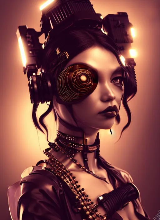 Image similar to soft lustrous ebony geisha seductive raver gutter punk steampunk cyborg, golden ratio, details, scifi, fantasy, cyberpunk city, intricate, decadent, highly detailed, octane render, digital painting, artstation, concept art, sharp focus, illustration, art by artgerm, loish, wlop
