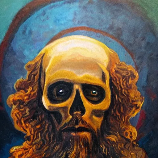 Image similar to a highly detailed oil painting of Jesus Christ with skull instead of face, standing inside the epicenter of thermonuclear blast mushroom on blue earth planet, praying for mercy