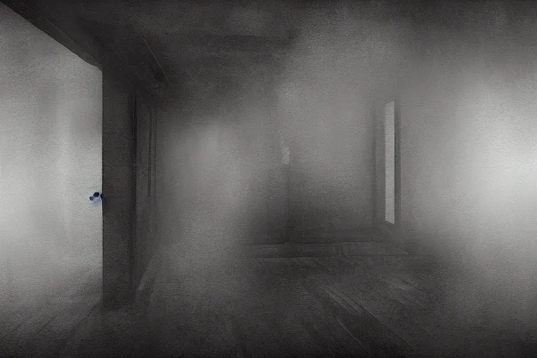 Image similar to the backrooms but it's surrounded by grey fog, digital art, atmospheric