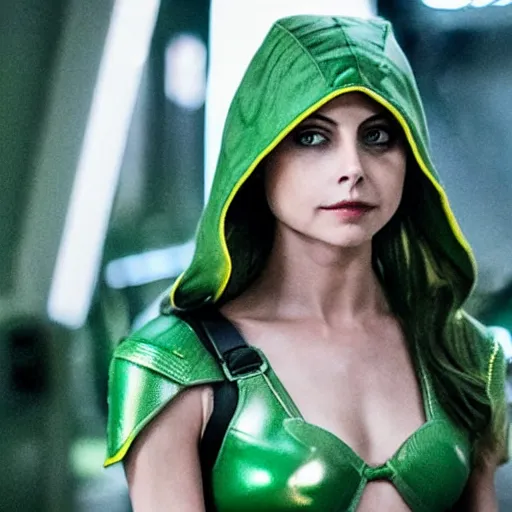 Image similar to film still of willa holland as an attractive female green arrow in the 2 0 1 7 film justice league, bleach blonde hair, focus - on - facial - details!!!!!!, minimal bodycon feminine costume, dramatic cinematic lighting, inspirational tone, suspenseful tone, promotional art