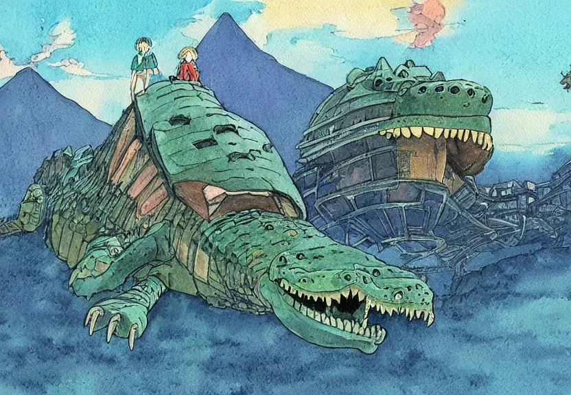 Image similar to a hyperrealist watercolor concept art from a studio ghibli film showing a giant mechanized crocodile from howl's moving castle ( 2 0 0 4 ). a pyramid is under construction in the background, in the rainforest on a misty and starry night. a ufo is in the sky. by studio ghibli