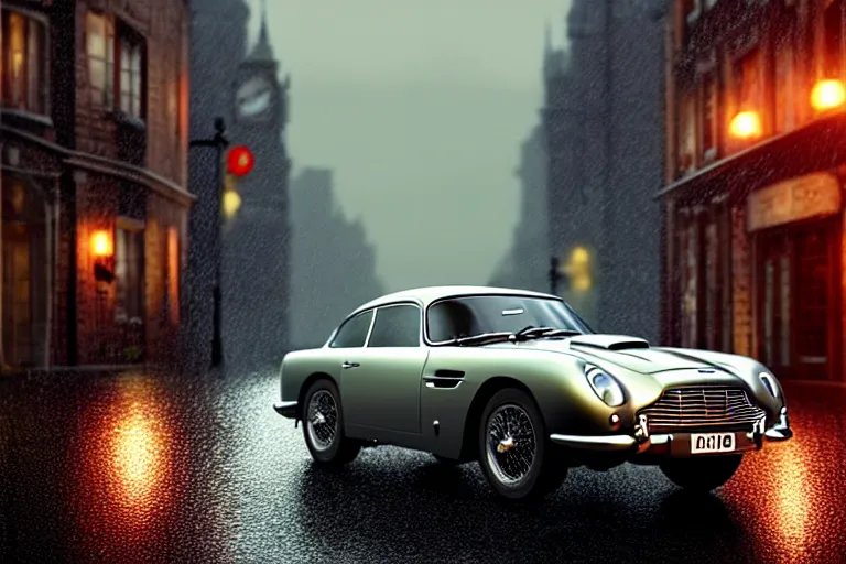 Image similar to a wholesome animation key shot of!! one!! focused!! aston martin db 5!!, in a wet london street, raining, wide shot, studio ghibli, pixar and disney animation, sharp, very detailed, high resolution, rendered in unreal engine 5, anime key art by greg rutkowski, bloom, atmospheric lighting