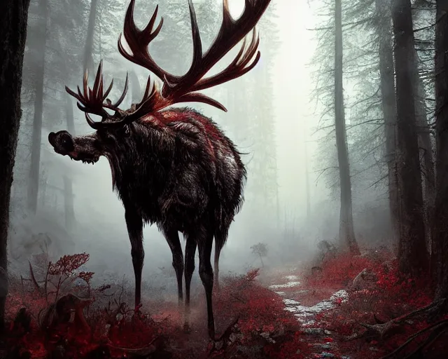 Image similar to 5 5 mm portrait photo of an armored demonic undead rotting burning moose with red eyes antlers and looking at the camera, in a magical forest. magical atmosphere. art by greg rutkowski and luis royo. highly detailed 8 k. intricate. lifelike. soft light. nikon d 8 5 0.