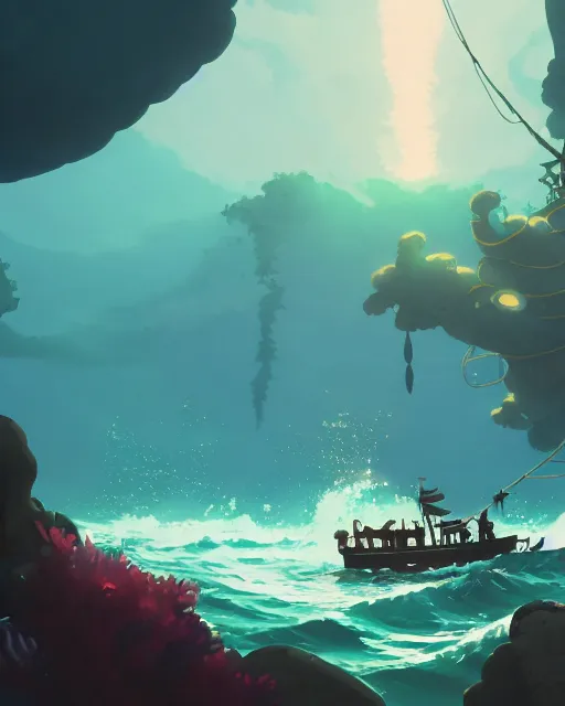 Image similar to a pirate ship being attacked by a kraken, deep water, glowing fish, rocks with lush vegetation, cory loftis, james gilleard, atey ghailan, makoto shinkai, goro fujita, studio ghibli, rim light, exquisite lighting, clear focus, very coherent, plain background, soft painting