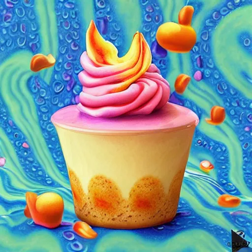 Image similar to banana creme brulee , a pastel by Lisa Frank, trending on cgsociety, rasquache, biomorphic, trypophobia, lovecraftian