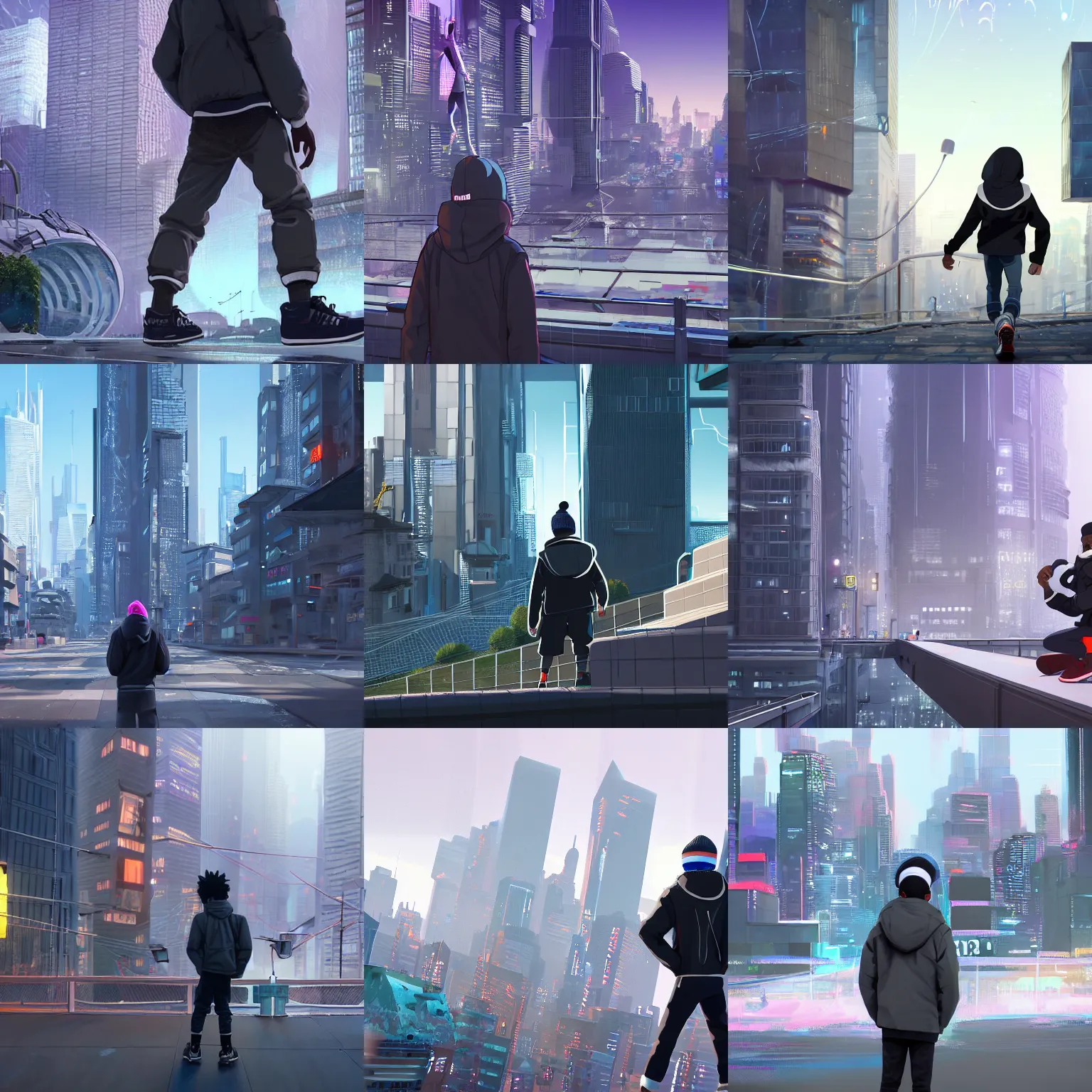 Prompt: young 🧔🏿 wearing a thin lightgray do rag and a black winter puffer jacket and hightop sneakers, facing the desperate and endless call of the metaverse, futuristic urban cityscape, clear weather, unreal 5 engine render, vivid colors, high detail, studio ghibli and spiderverse, digital art, octane render, epic composition, trending artstation, award - winning photograph, masterpiece