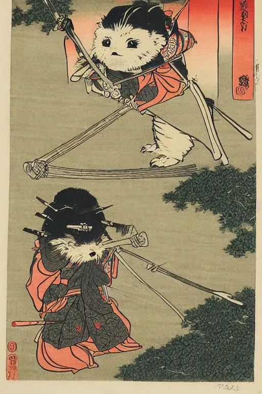 Image similar to Japanese woodblock print of Wicket the Ewok holding a samurai sword , cherry blossom, Hokusai