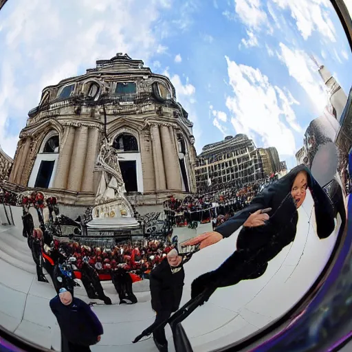 Prompt: a fisheye lens photo of her majesty the queen