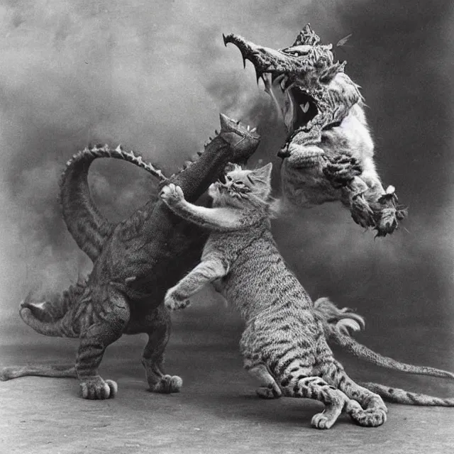 Image similar to silver gelatin photograph of a cat attacking a dragon, london 1 9 1 2