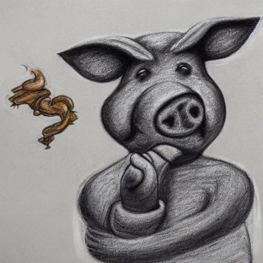 Image similar to a pig blowing smoke from its nose, chalk drawing