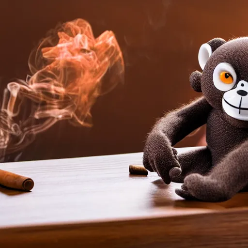 Image similar to a high detail closeup shot of a depressed monkey wearing a suit and smoking a cigar