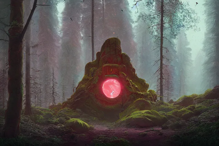 Image similar to A portal to another planet found in a forest just outside a Norwegian city in Norway, very detailed digital art, pretty colors, muted colors, in the style of Simon Stalenhag and Wes Anderson, beautiful colors, very high resolution, trending on Artstation